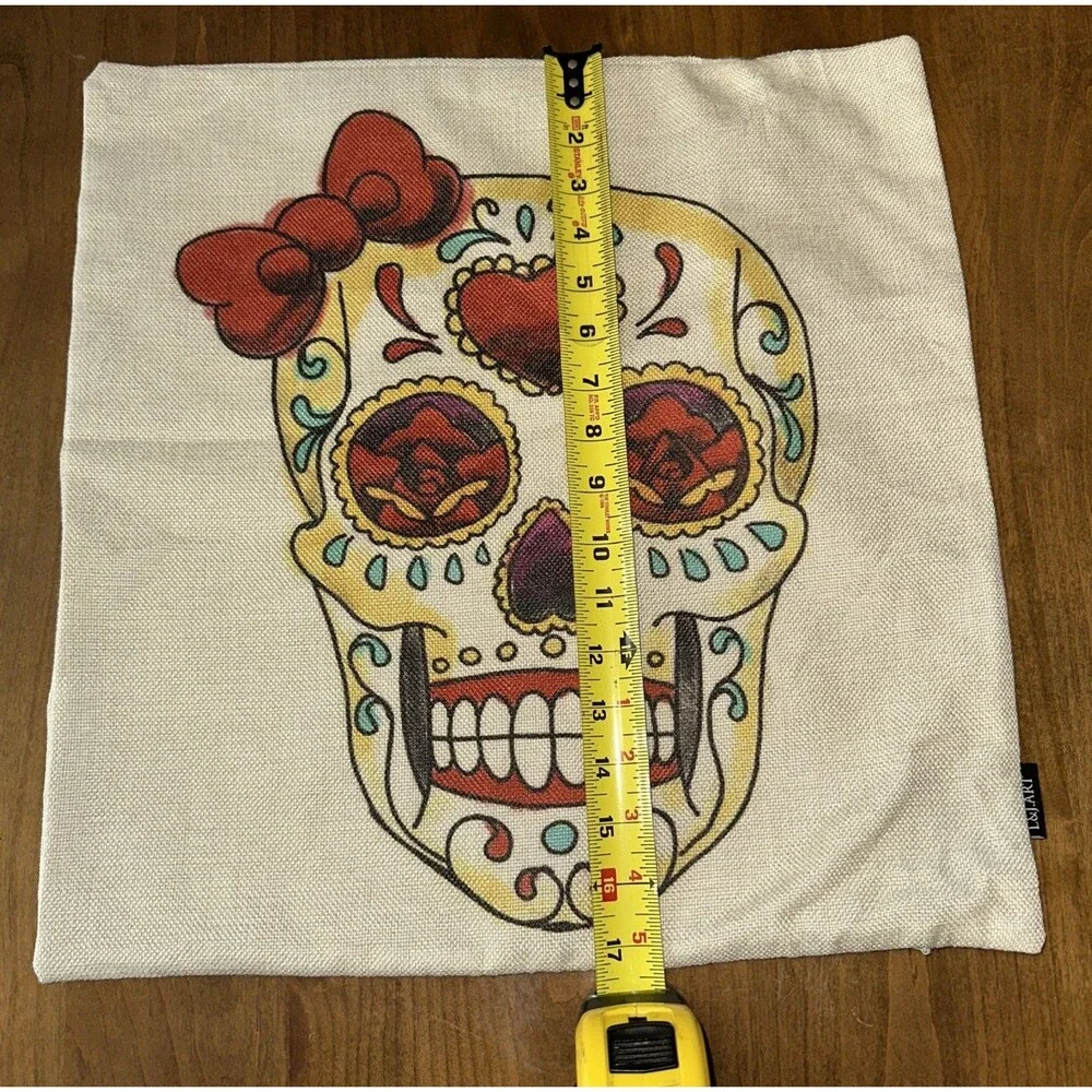 Day of the Dead Sugar Skull Beige Colorful Bow Pillow Cover Diade Muertos READ